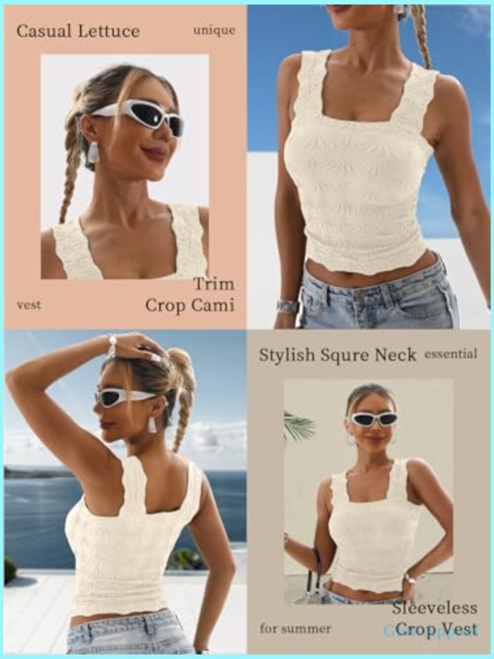 Slim Fit Square Neck Crop Tank Top Floral Jacquard Lettuce Trim Sleeveless Cami - Picture 2 of 6